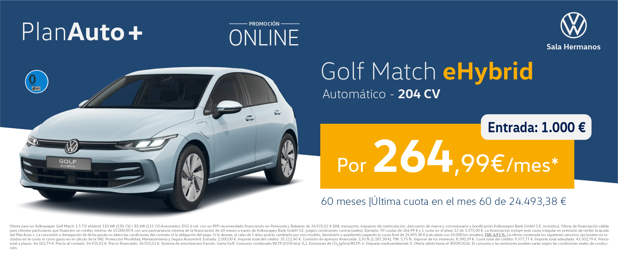¡Etiqueta 0! Golf Match eHybrid 204 CV por 264,99€/mes*